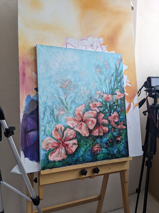 Coral oleanders | 50*60 cm | impasto volumetric oil painting of flowers