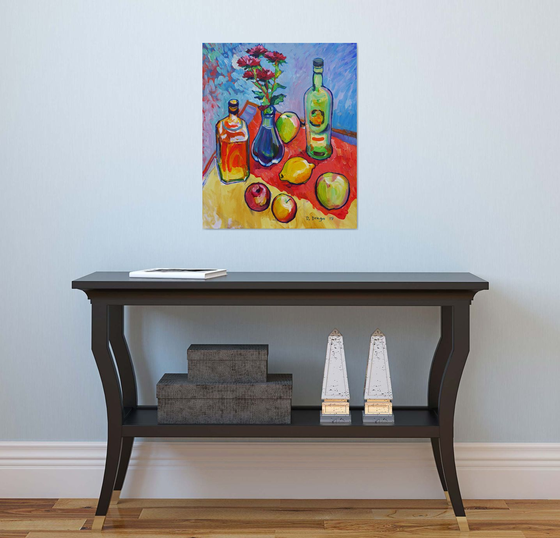 Still life with bottles and fruits