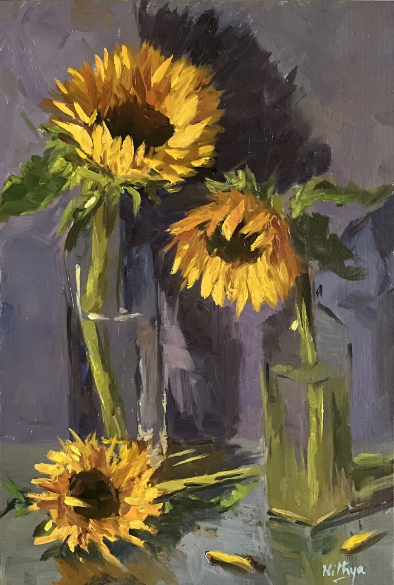 Three Sunflowers on purple by Nithya Swaminathan