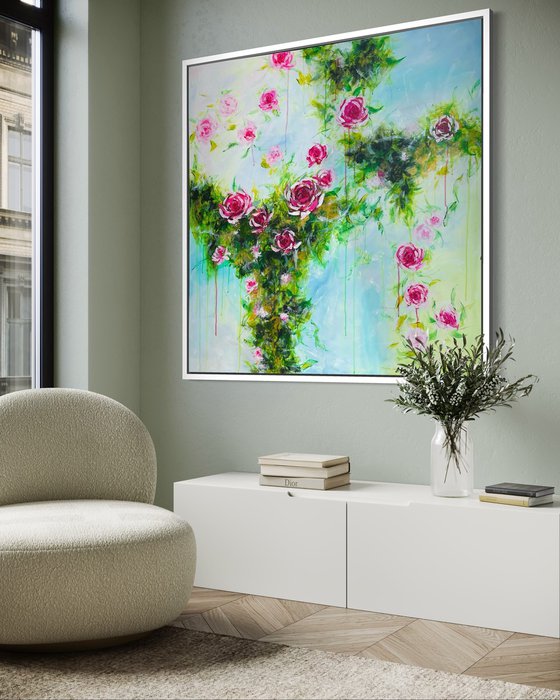 “Trailing roses” 100x100cm large acrylic