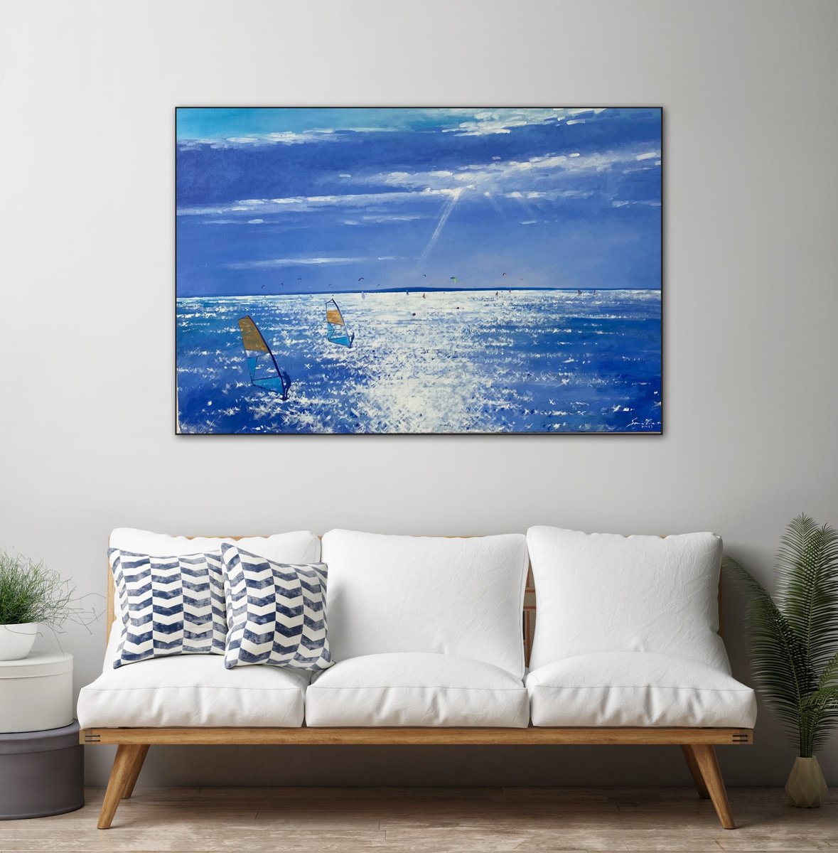 seacape painting on canvas , reflection on water art, sailboat art by Volodymyr Smoliak
