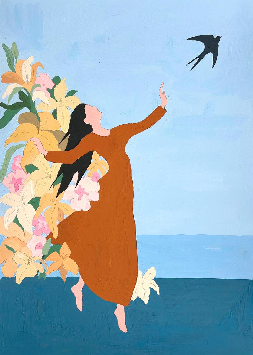 Impressionistic Portrait Painting By Irina Anis, 16 X 22, Girl With A Swallow, Original Artwork