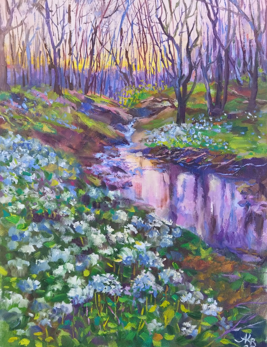 Impressionistic Landscape Oil Painting By Ann Krasikova, 14 X 18, Spring Forest Landscape, Original Artwork