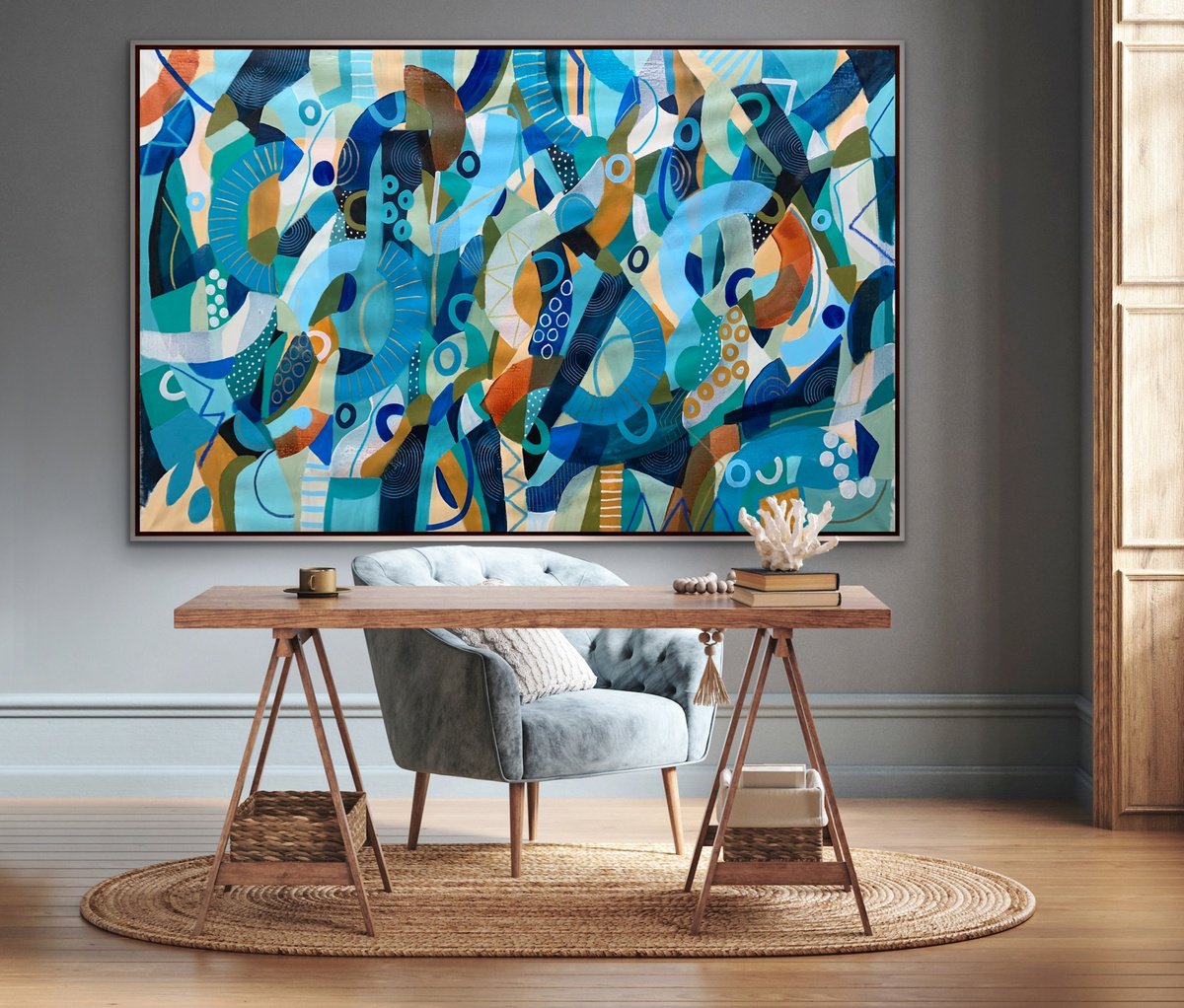Organic Abstract Acrylic Painting By Rashna Hackett, 72 X 47", Golden Moments, Original Artwork