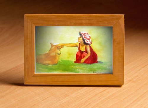 Little Girl in a red frock and her dog by Asha Shenoy