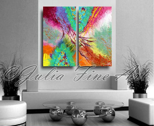 Abstract Painting, Original Diptych, Contemporary, Two Part, Modern Wall Decor, Colorful Canvas, Surreal, Peacock, Floral, Zen, Ready to hang, Multicolor Art ''Wings of Happiness'' by Julia Apostolova