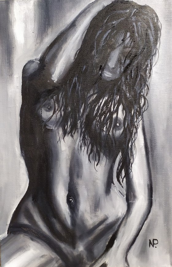 Untill the moment, original nude erotic girl oil painting, Gift, art for home