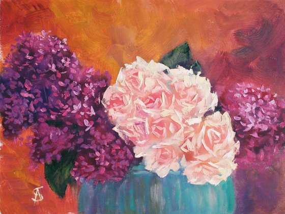 Bouquet of lilacs and roses /  ORIGINAL PAINTING