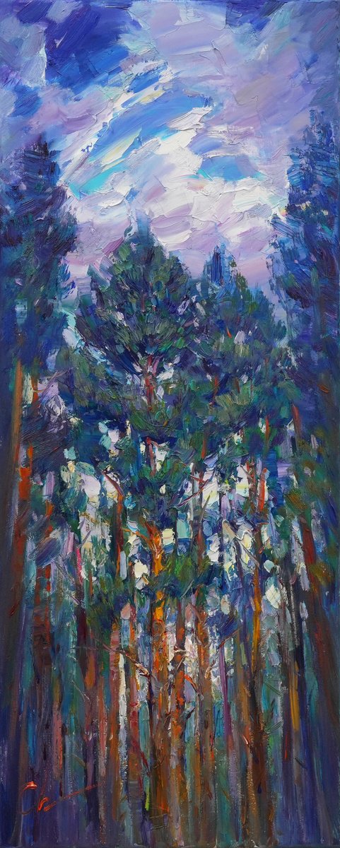 Impressionistic Landscape Oil Painting By Serhii Cherniakovskyi, 14 X 31", Moody Forest, Original Artwork