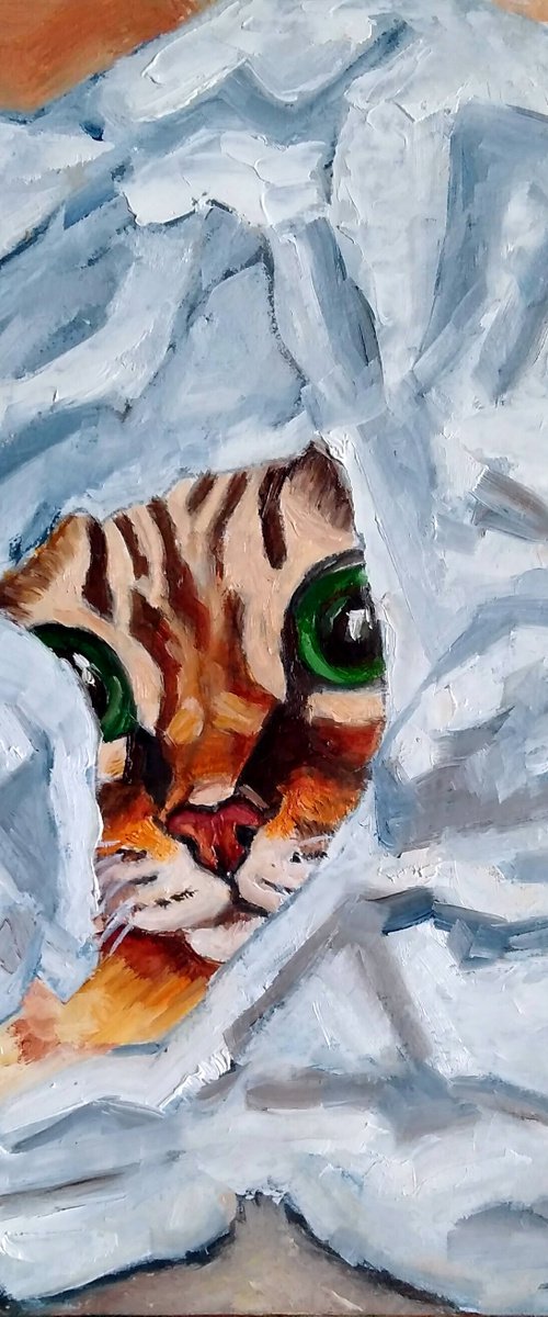 Peekaboo, Cat Painting Original Art Peekaboo Artwork Tabby Kitten Small Wall Art Pet Portrait by Yulia Berseneva