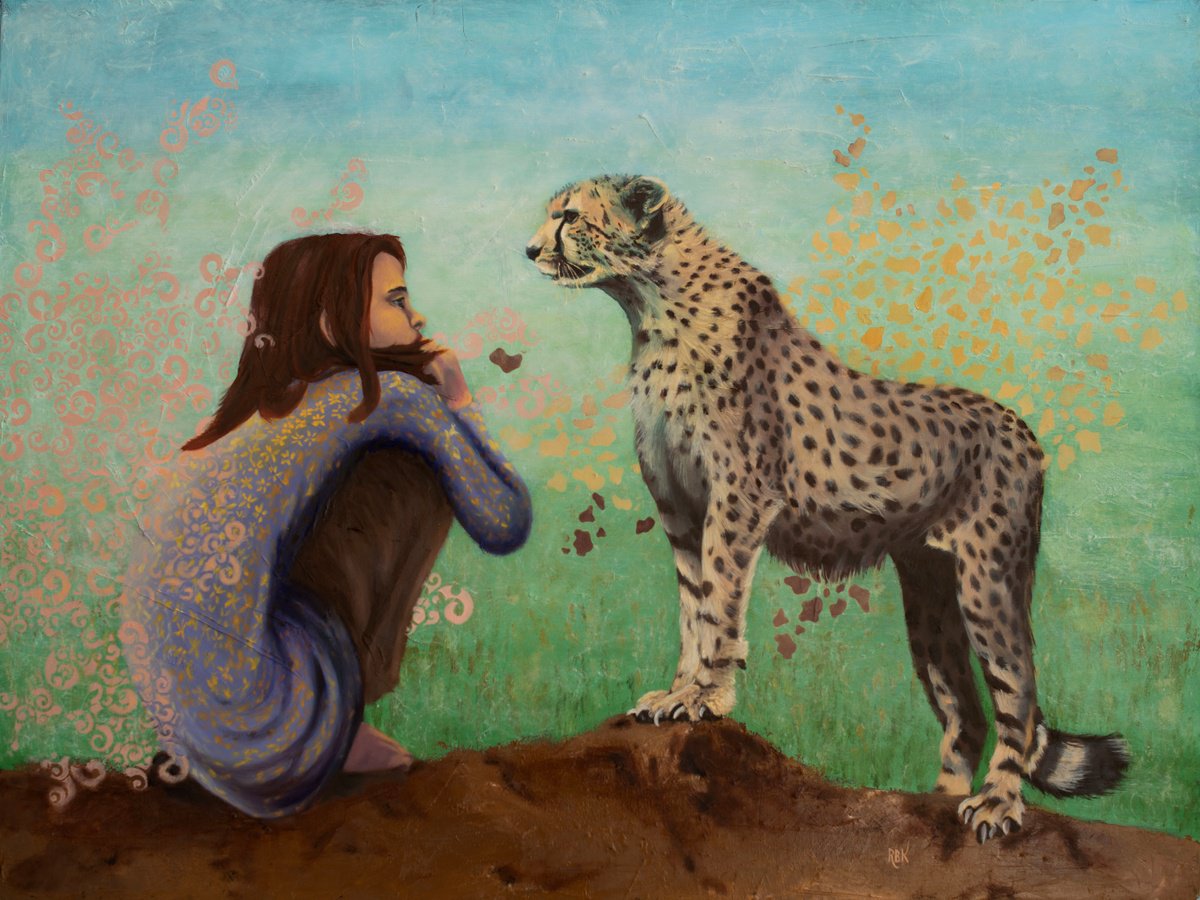 Surrealistic Animal Oil Painting By Rebeca Fuchs, 42 X 32", Conversations, Original Artwork