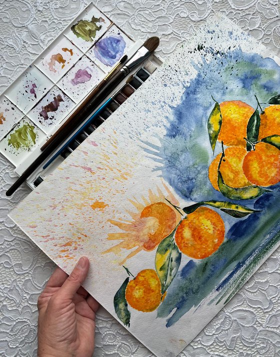 Tangerine Painting Citrus Original Art Orange Watercolor Fruit Still Life Artwork Small Wall Art 17 by 12" by Halyna Kirichenko