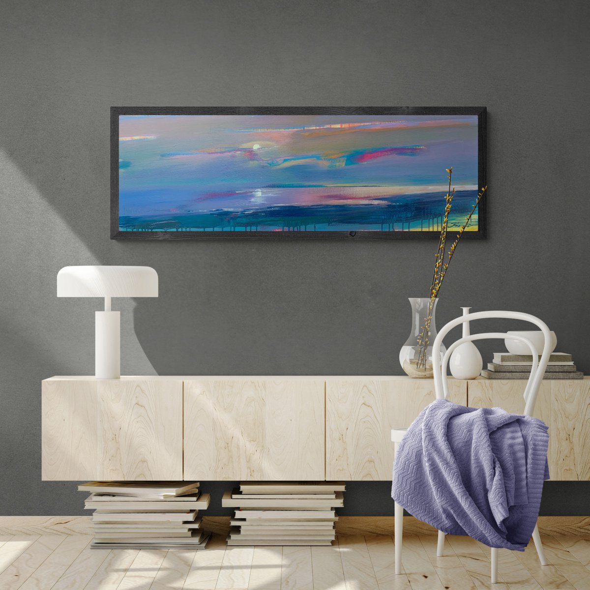 Big horizontal painting - Gentle sunset - Expressionism - Minimalism - Seascape by Yaroslav Yasenev