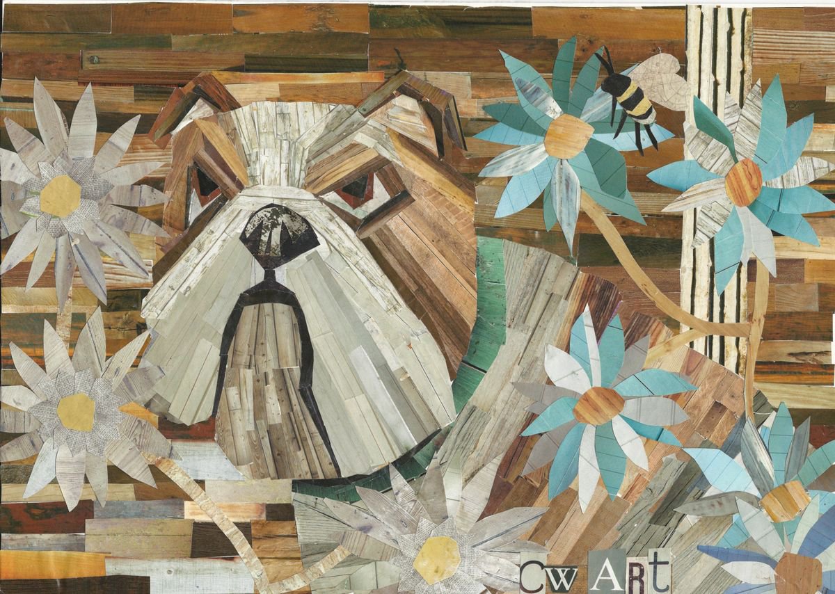 Bulldog and Bees Cut Paper Collage by Charlotte Williams