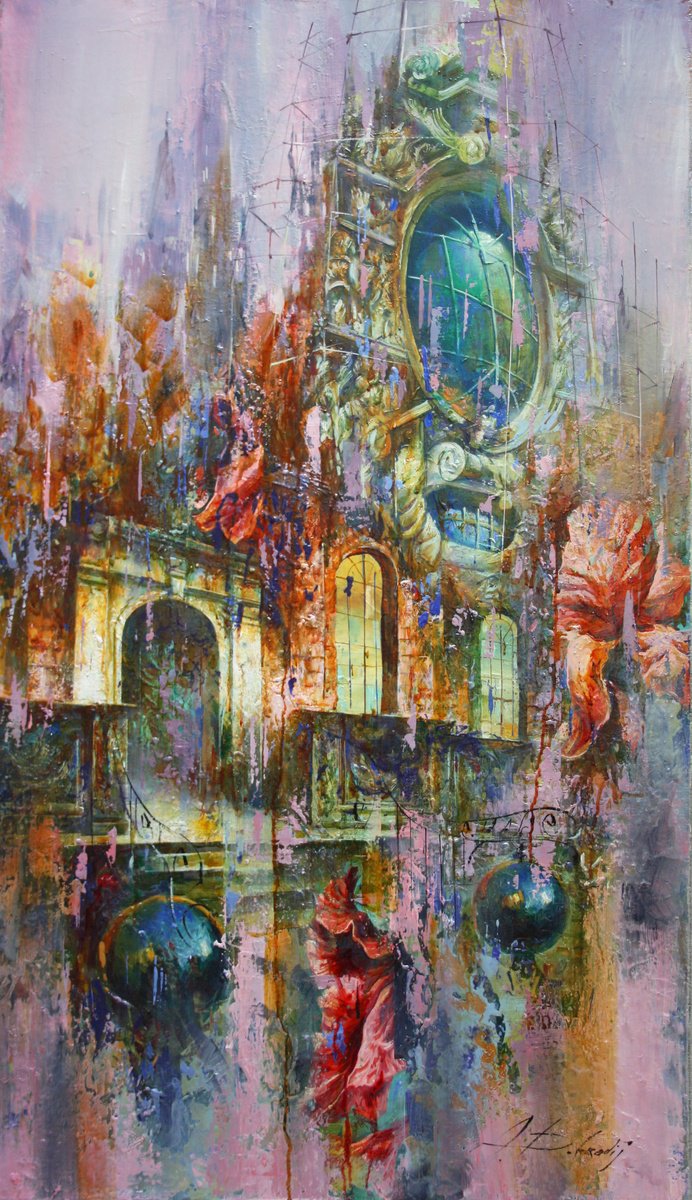 Surrealistic Cityscapes Oil Painting By Alexandr Dobrodiy, 28 X 47, Old Motive, Original Artwork
