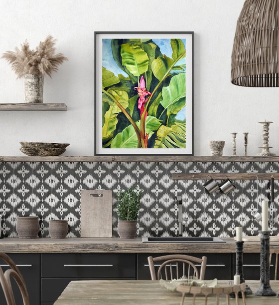 Banana blossom and palms - original tropical watercolor