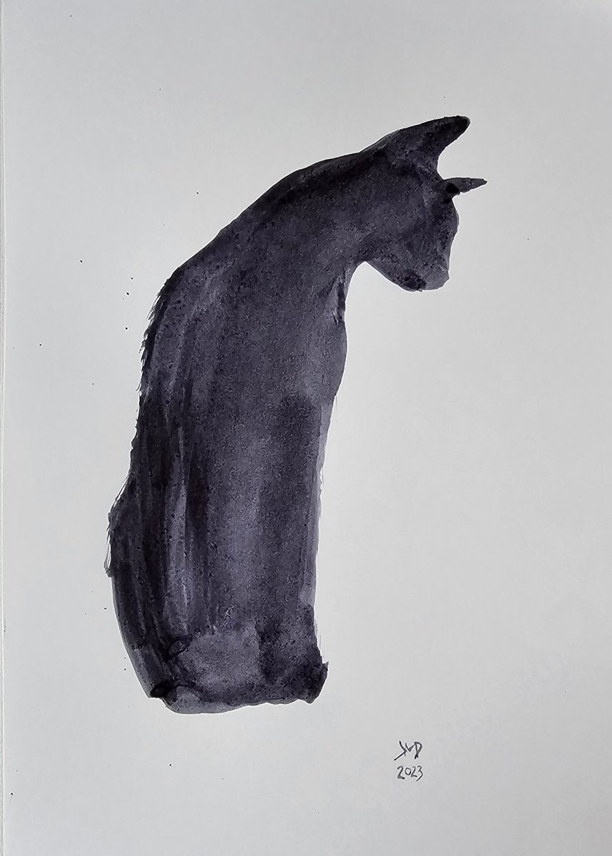 Graphic Animal Ink Drawing By Ksenia June, 8 X 12", Black Cat Silhouette, Original Artwork
