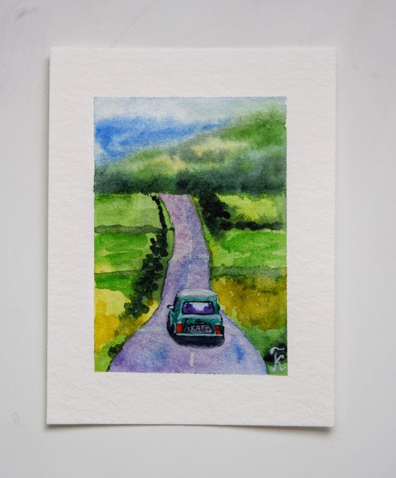 Miniature watercolor painting, Mini Cooper car on road tiny original art