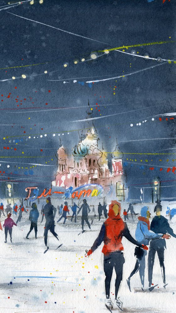 Skating rink on Red Square, Moscow. Original watercolor artwork.