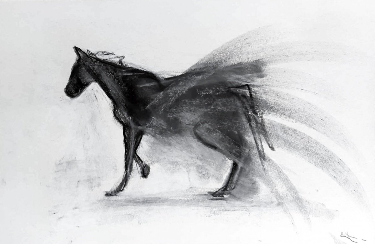 Expressive Animal Charcoal Drawing By Lionel Le Jeune, 17 X 11", Horse, Original Artwork