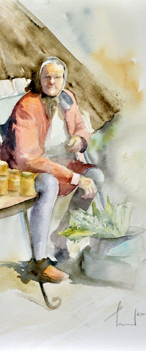 SELLING SWEET HONEY watercolour 32x41 by Beata van Wijngaarden