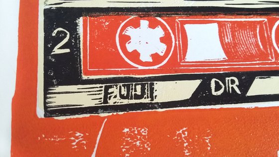 Linocut tapes #45 (cassette tapes, retro music, 70's, 80's rock culture)