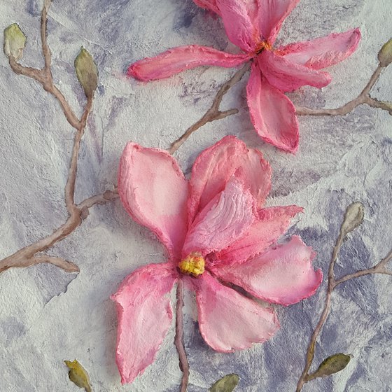 Sculptural painting, pink flowers impasto art Magnolias