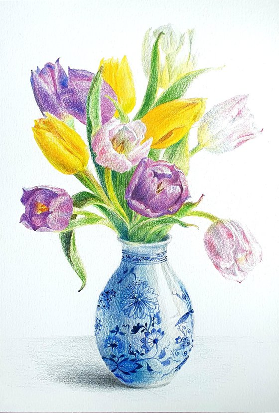 Realism yellow violet tulips in delft vase.