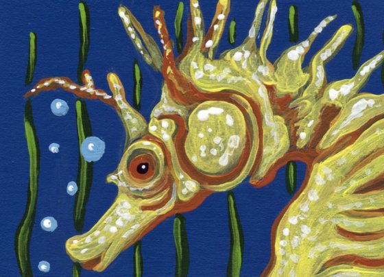 ACEO ATC Original Painting Seahorse Marine Wildlife Art-Carla Smale