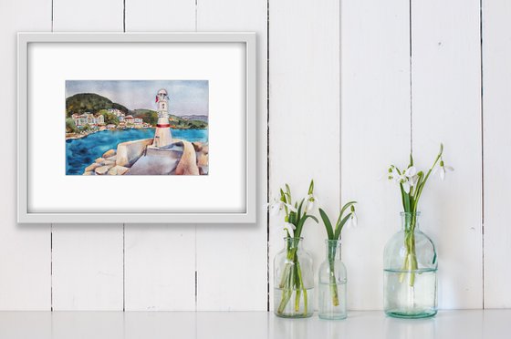 Lighthouse in Kas, Turkey - original watercolor seascape sunset cityview