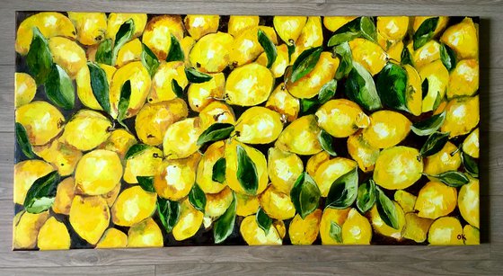 Lemons, oil painting, still life. Palette knife painting on canvas. Size 112x56 cm.