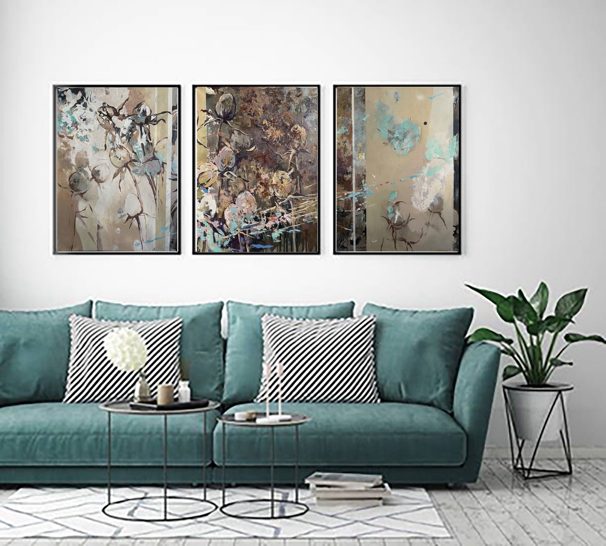 Abstract Botanical Oil Painting By Natalia Yampolskaia, 47 X 20", Spring Is Coming (Triptych), Original Artwork