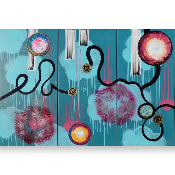 Teal Large abstract paintings A727 100x150x2 cm set of 3 original abstract acrylic paintings on stretched canvas