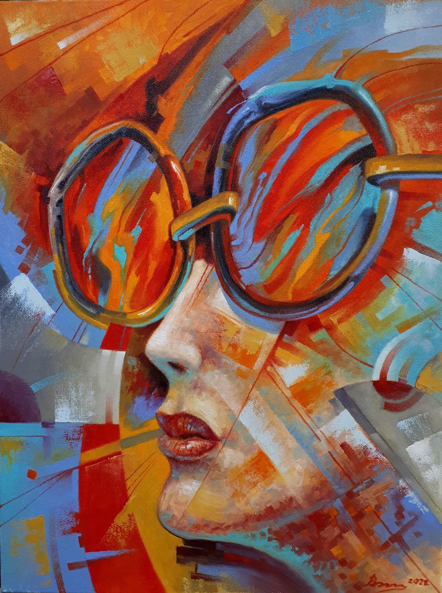 Urban And Pop Portrait Oil Painting By Serhii Voichenko, 24 X 32", Jazz Glasses, Original Artwork