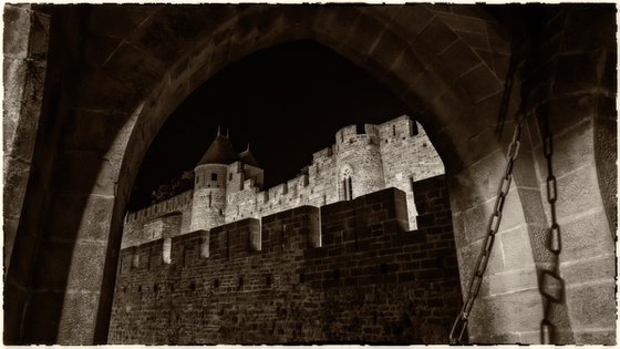 castle walls at night