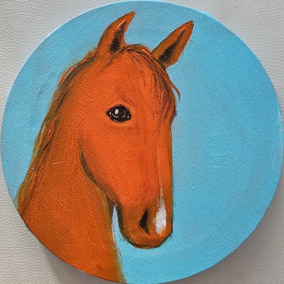 My little orange chestnut horse on blue
