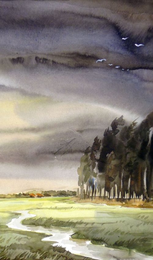 Storm & Forest-Watercolor on paper by Samiran Sarkar