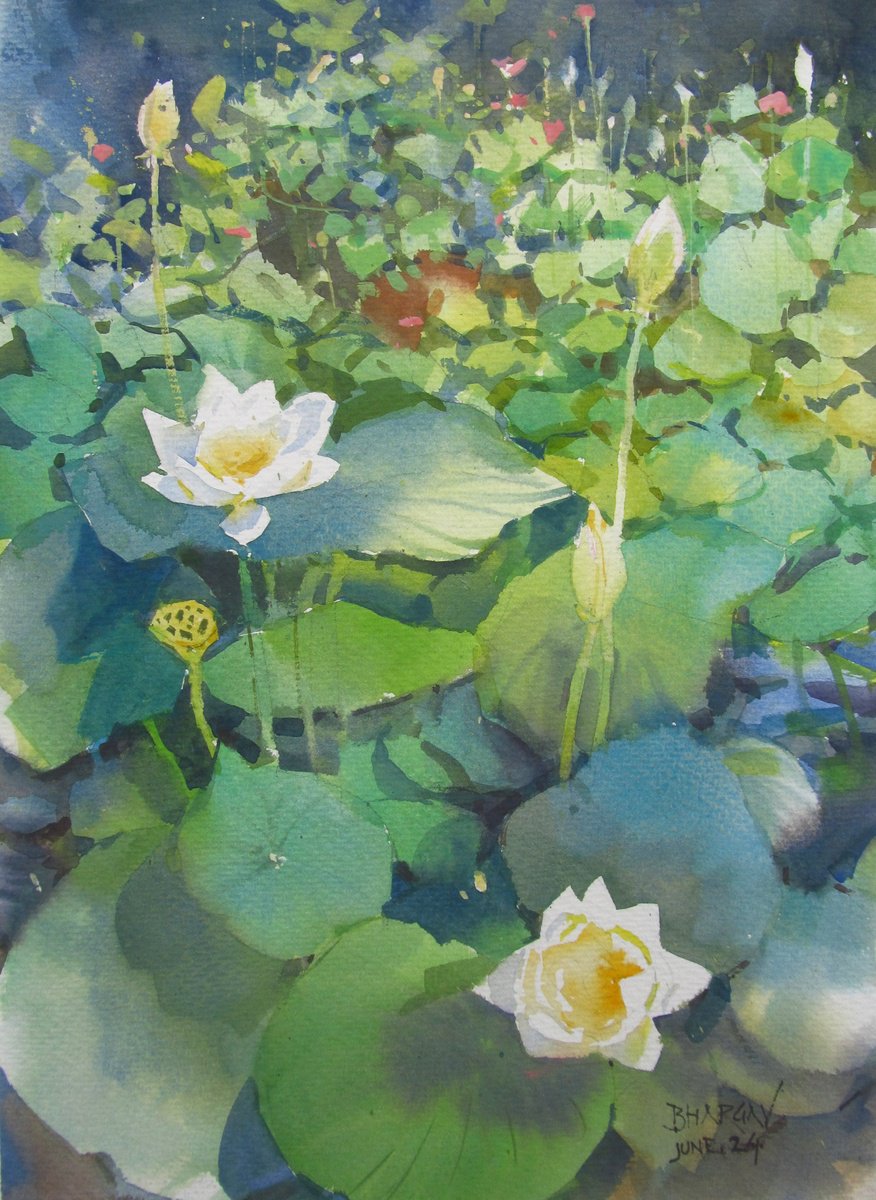 Impressionistic Botanical Watercolour By Bhargavkumar Kulkarni, 10 X 14, White Lotus, Original Artwork