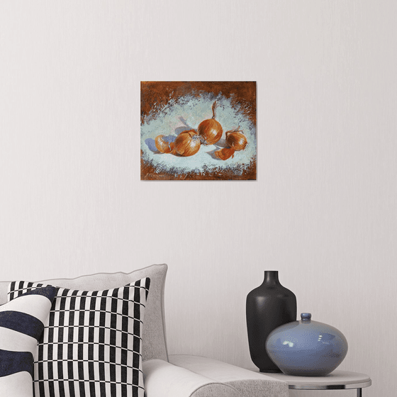 "Onion family."  Onion still life  liGHt original painting PALETTE KNIFE  GIFT (2020)