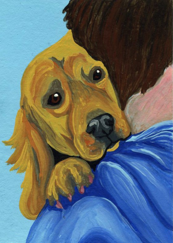 ACEO ATC Original Miniature Painting Golden Retriever Pet Dog Human Love Art-Carla Smale