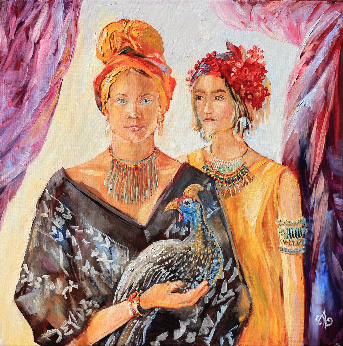Impressionistic Portrait Oil Painting By Elina Vetrova, 20 X 20, Guinea Fowl, Original Artwork