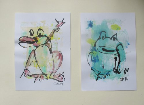 2 funny frogs  8,2 x 5,9 inch unique mixedmedia drawing by Sonja Zeltner-Müller