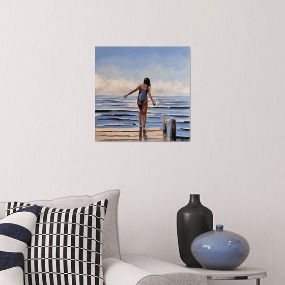 Girl on the Pier - Female Figure in Swimsuit Painting