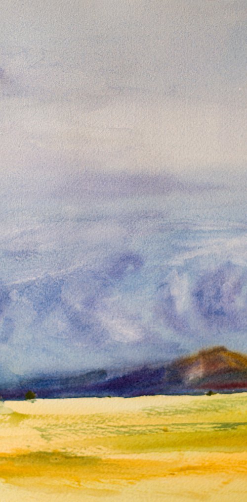 Segovia fields 2. Spain. Original watercolor. SMALL WARM BLOOM INTERIOR DECOR nature sky moody blue yellow by Sasha Romm