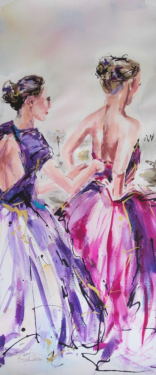 Two Ballerinas  -  Ballerina painting-Ballet painting-ballerina watercolor, mixed media painting on paper by Antigoni Tziora