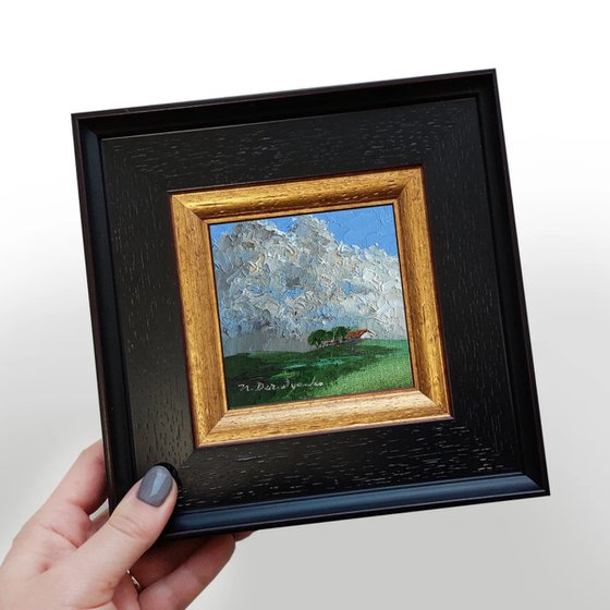 Barn oil painting original 4x4, Sky clouds Landscape miniature small art framed - Don't try to be what you're not