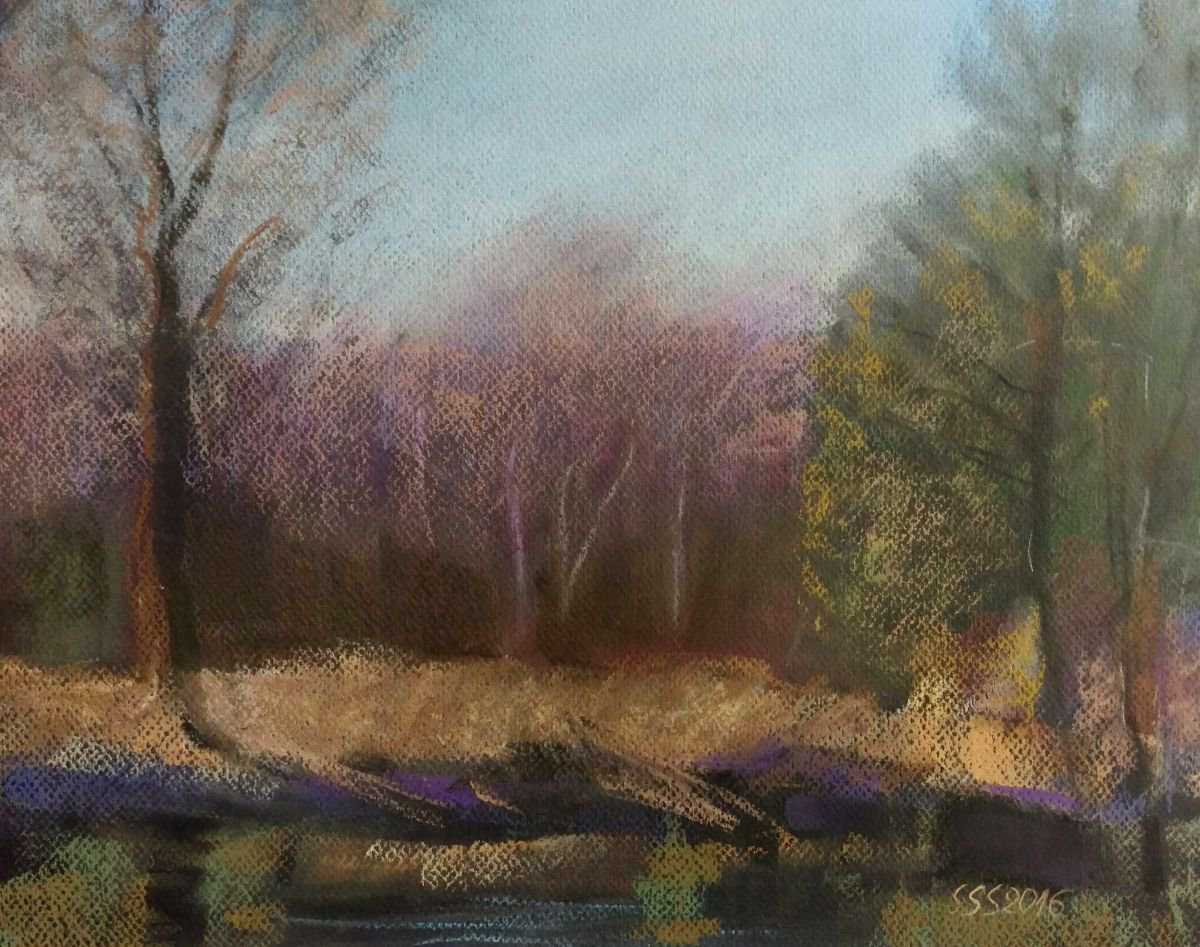 Impressionistic Landscape Pastel Drawing By Silja Salmistu, 15 X 12", Spring In The Woods, Original Artwork