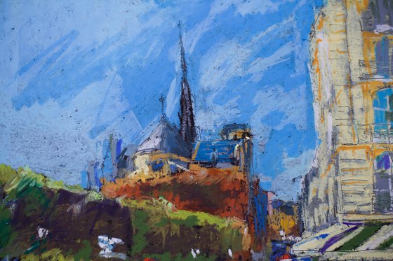 Notre Dame before the fire. View of cafe Esmeralda and cathedral from the bridge. Small oil pastel drawing bright colors paris