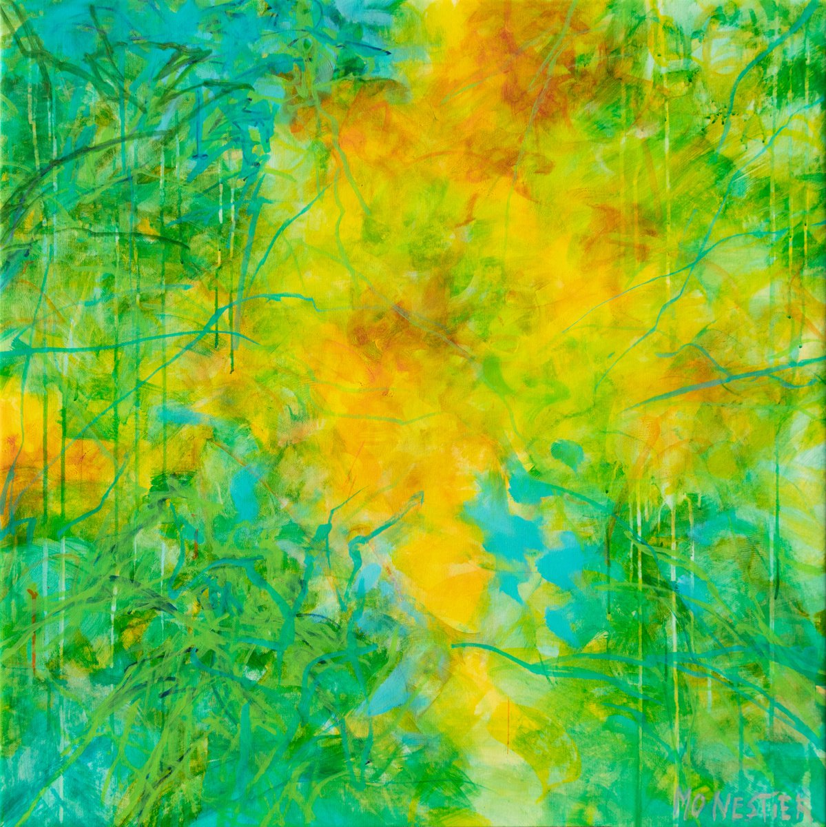 Abstract Botanical Acrylic Painting By Fabienne Monestier, 35 X 35, Spring Symphony, Original Artwork