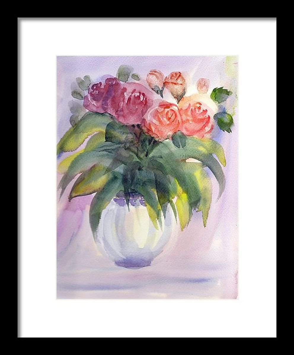 Spring Roses Pink roses in a Vase - 9x 12 by Asha Shenoy